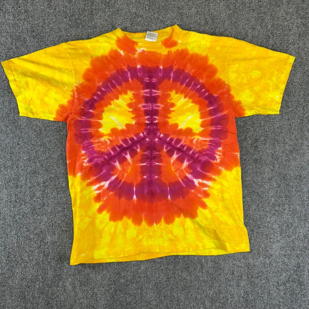 Vintage Sundog Peace Sign Tie Dye T-Shirt Mens Large Yellow Orange Single Stitch